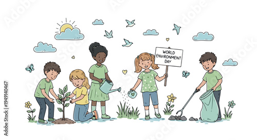 Illustration of diverse group of children planting flowers and trees outdoors with gardening tools and a sign, surrounded by butterflies and clouds under a sunny sky.