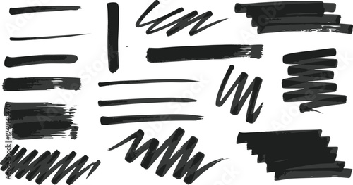 Set of 20+ Black Marker Pen Strokes and Highlighter Lines Vector Collection for Underlining, Highlighting, and Artistic Design Elements