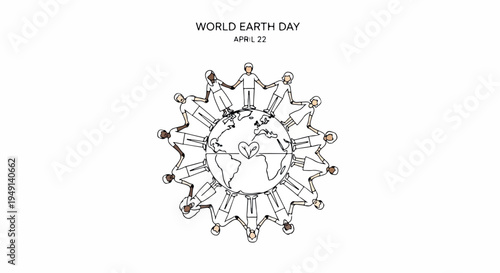 A line drawing of the Earth surrounded by people holding hands on a white background for World Earth Day.