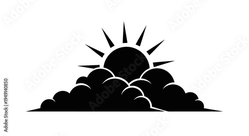 Sunrise behind clouds silhouette icon.