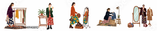 Collection of stylish women engaged in fashion activities such as shopping, dressing up, and organizing clothes in a series of flat vector illustrations.