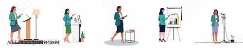 Flat illustration set of diverse businesswomen giving presentations, public speaking, and leading corporate workshops in various professional office environments.