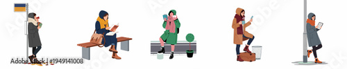 Set of flat illustrations featuring women in warm autumn and winter clothing engaged in various activities like reading, commuting, and traveling.