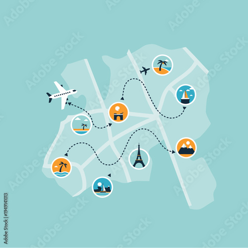 Travel map with dotted path and famous landmarks.
