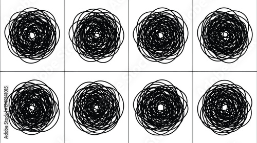 黒い線で描かれた、幾何学的なパターンを持つ8つの円形の抽象的なデザインのグリッドレイアウト.