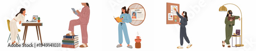 Illustration of diverse women studying psychology and behavioral science through various methods including virtual reality, digital tablets, and traditional books.