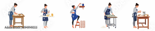 Illustrations of a woman baking bread and pastries, kneading dough, whisking ingredients, reaching for supplies, and weighing flour in a kitchen.