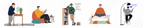 Illustrations of young men working from home, using digital devices like laptops, tablets, and VR headsets in various comfortable settings.