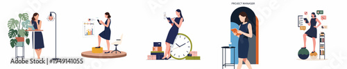 Professional female project manager illustrations showcasing task management, data analysis, time organization, and leadership in various modern workplace scenarios.
