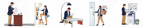 Set of flat illustrations depicting various office workers performing tasks like organizing papers, filing, reviewing documents, and using office equipment.