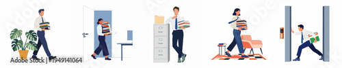 Collection of diverse office professionals carrying stacks of books and documents in various workplace settings and situations.