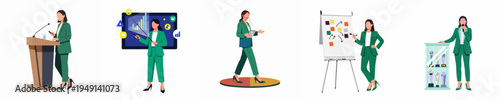 Professional Businesswoman Set Featuring Presentations, Public Speaking, Data Analysis, Training, and Success Recognition in Corporate Environments