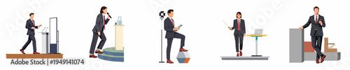 Collection of professional business speakers and leaders giving presentations and public speeches in a flat illustration style