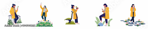 Set of flat illustrations featuring a woman in a yellow raincoat engaged in various outdoor activities like walking, standing in nature, and viewing photos.