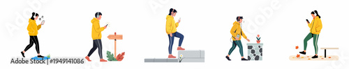 Set of illustrations showing distracted people using smartphones and headphones while walking outdoors, highlighting the dangers of digital preoccupation in daily life.