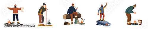 Collection of bearded men illustrations engaged in camping activities like sitting by fires and hiking in autumn and winter wilderness settings.