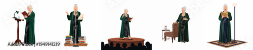 Collection of illustrations showing an elegant senior woman reading, speaking on stage, and performing while wearing a long green velvet robe.