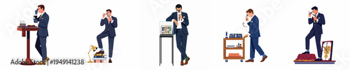 Set of flat illustrations featuring an elegant man in a pinstripe suit meticulously inspecting luxury watches and clocks with a magnifying loupe.