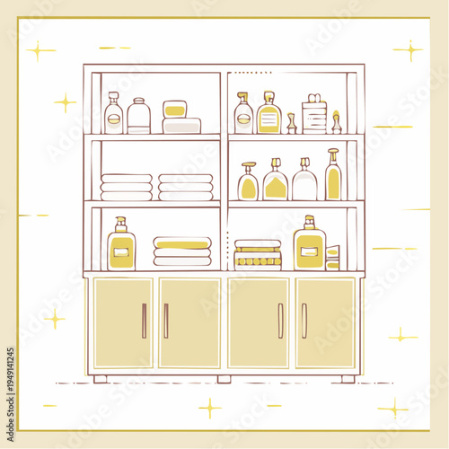 Vector illustration of a vintage kitchen interior room with wooden furniture shelves cabinets window and home decoration