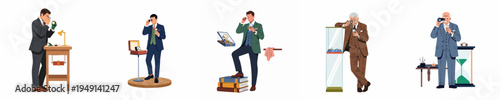 Collection of professional watchmakers and appraisers in elegant suits examining luxury timepieces with loupes, flat character illustrations set on a white background.