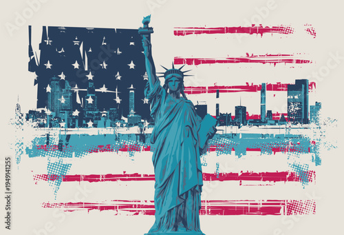 Vector banner with Statue of Liberty, american flag, cityscape and skyscrapers. USA illustration in grunge style. T-shirt design, tourist signboard, tourist postcard. Not AI