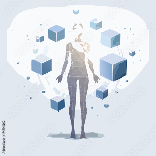 Abstract illustration of a person with floating cubes against white background