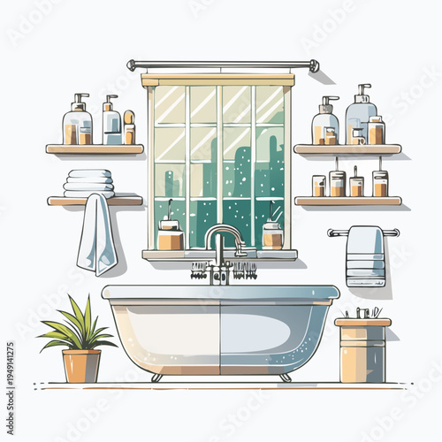 Modern bathroom interior with bathtub shower sink mirror and clean contemporary home design