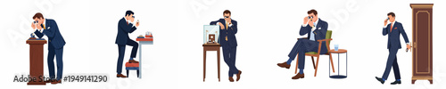 Set of illustrations featuring a man in a pinstripe suit examining watches and fine objects with a magnifying glass in various professional settings.