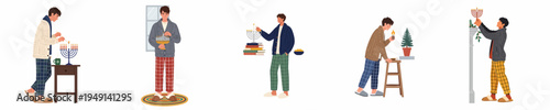 Set of five illustrations featuring a young man celebrating Hanukkah by lighting the menorah in various cozy home settings during the winter holiday season.