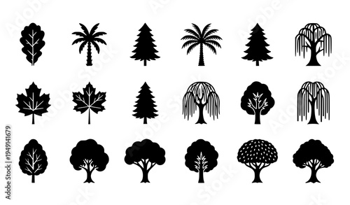 Black tree icon set vector collection of living trees silhouettes isolated on white background for ecology and landscape design