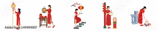 Set of illustrations depicting women in traditional Chinese qipao lighting and holding lanterns for Lunar New Year and Lantern Festival celebrations.