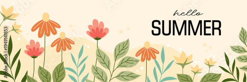Horizontal summer banner with flowers and the text "Hello Summer"