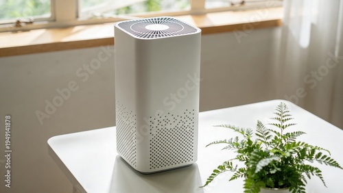A modern air purifier on a white table next to a green fern plant. The device is sleek and white, designed for home use, promoting clean air.