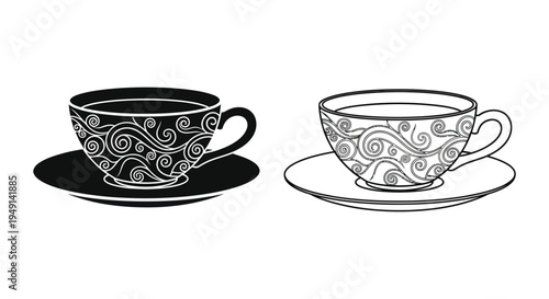 Two decorative teacups with swirling patterns a striking black silhouette