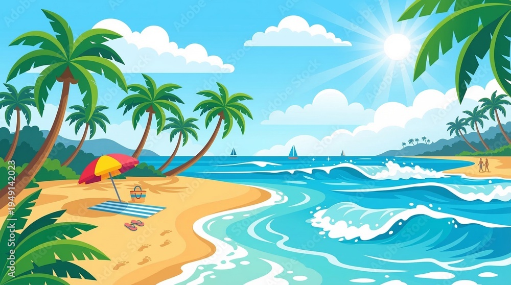 Fototapeta premium Sunny Tropical Beach Landscape Vector Illustration