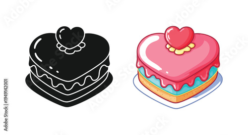 Two heart shaped cakes one colorized and one in black a stylized silhouette