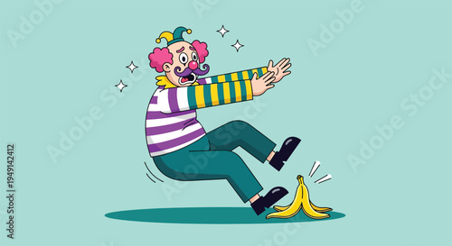 Clown slipping on a banana peel a classic comedic mishap Vector Illustration.