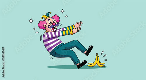 Clown slipping on a banana peel a classic comedic mishap.