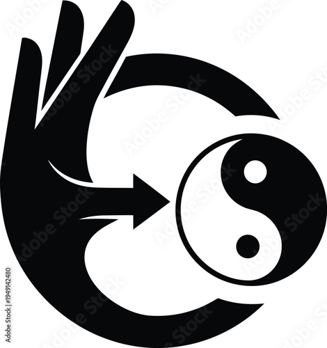 Vector art illustration of a hand showing peace with a yin yang symbol in a circular motion conveying harmony and balance