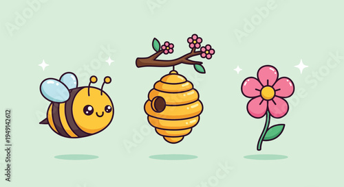 Cute Bee Hive and Flower Cartoon Illustration.