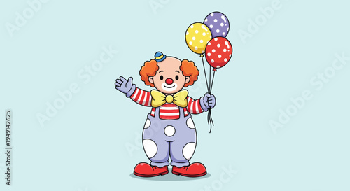 Cute cartoon clown holding colorful balloons happy and friendly character.