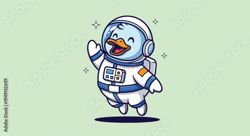 Cute cartoon duck astronaut floating in space illustration.