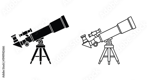 Black and white depictions of a telescope on a tripod simple silhouette