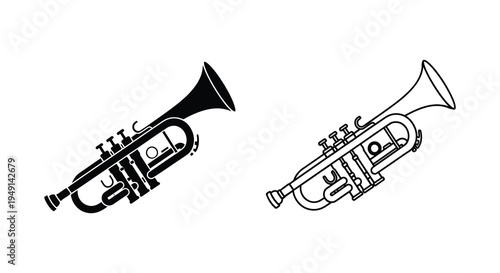 Two american trumpets depicted in a stark black outline a bold silhouette