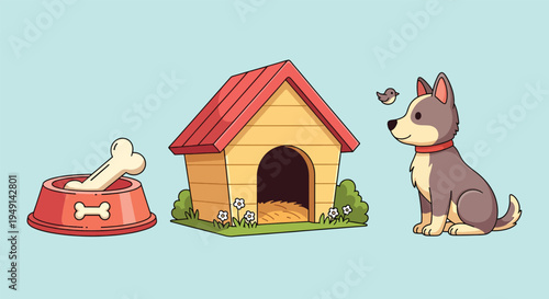 Cute dog with bone in bowl and doghouse on light blue background.