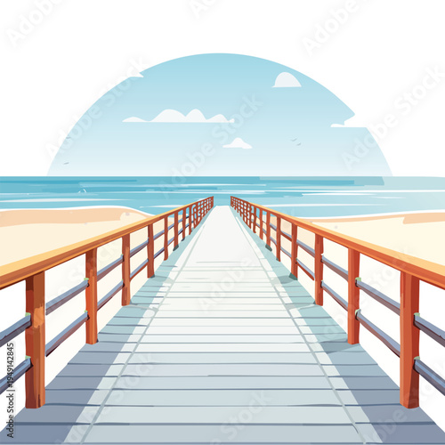 Wooden pier extending to ocean on sunny day with blue sky and copy space