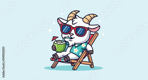 Cute Goat Relaxing on Beach Chair with Coconut Drink Vector Illustration.