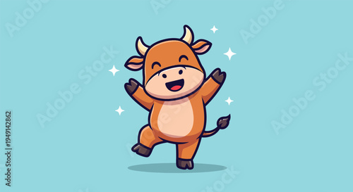 Cute Happy Bull Cow Cartoon Vector.
