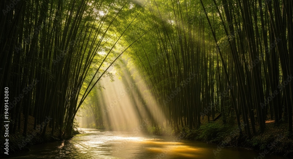 Obraz premium Sunlight streams through a dense bamboo forest onto a flowing river, creating a serene and ethereal natural landscape.