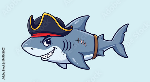 Cute Pirate Shark Cartoon Vector Illustration.
